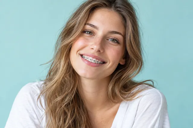 Retrato ilustrativo de una mujer joven con ortodoncia de brackets metálicos