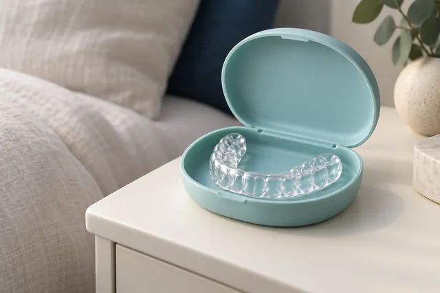 Férula de protección dental transparente en un estuche turquesa