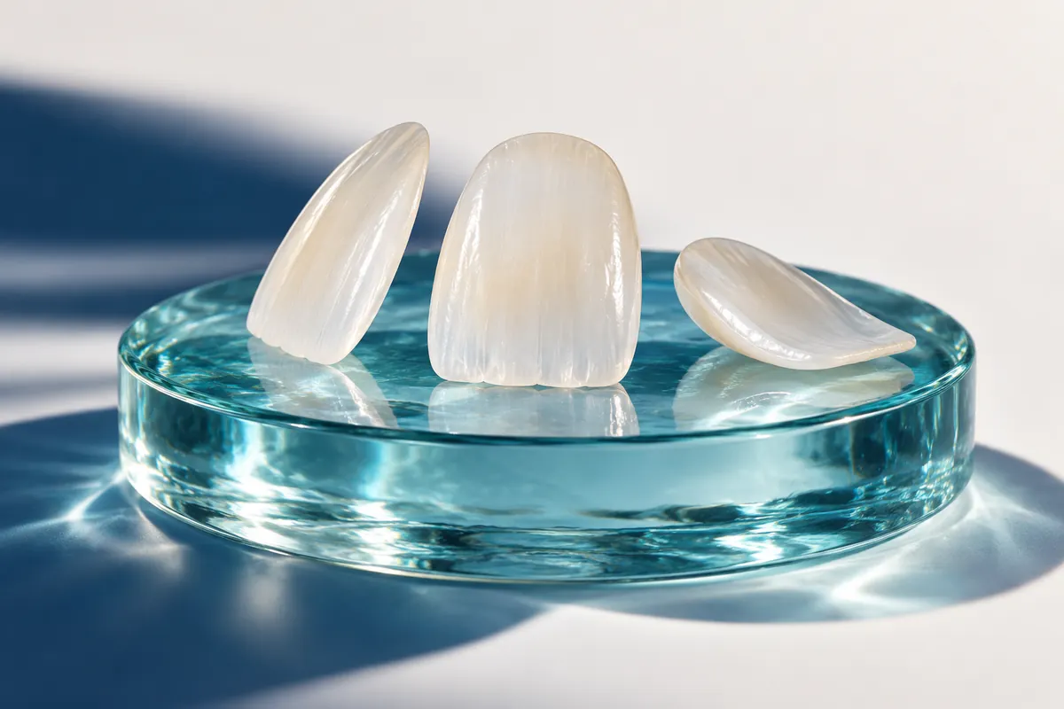 Tres carillas cerámicas finas sobre una base de cristal turquesa