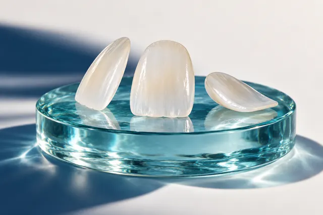 Tres carillas cerámicas finas sobre una base de cristal turquesa