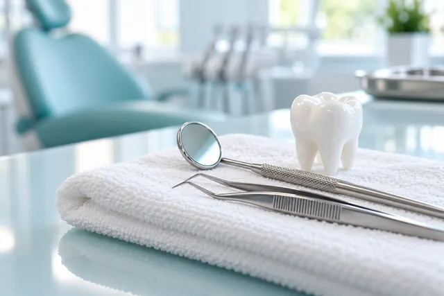 Instrumentos de exploración dental y un modelo de molar sobre una toalla