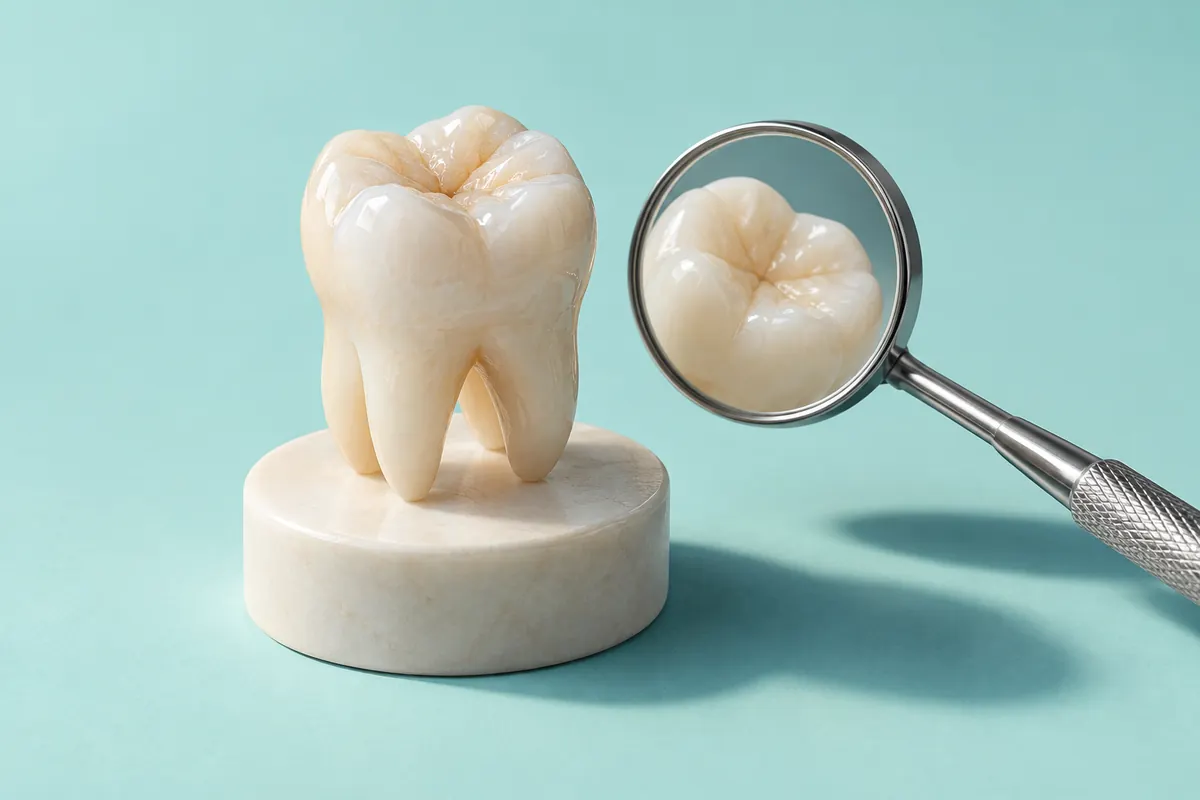 Modelo de un molar y su reflejo en un espejo dental